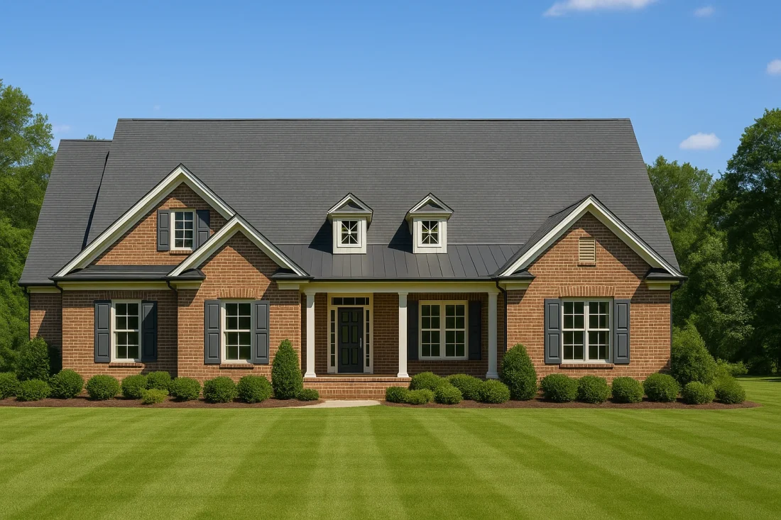Front view of a Traditional Colonial home with red brick exterior, symmetrical design, dormer windows, and black shutters on manicured lawn