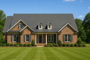 Front view of a Traditional Colonial home with red brick exterior, symmetrical design, dormer windows, and black shutters on manicured lawn