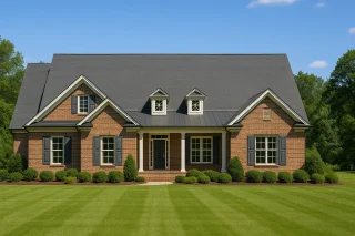 Front view of a Traditional Colonial home with red brick exterior, symmetrical design, dormer windows, and black shutters on manicured lawn