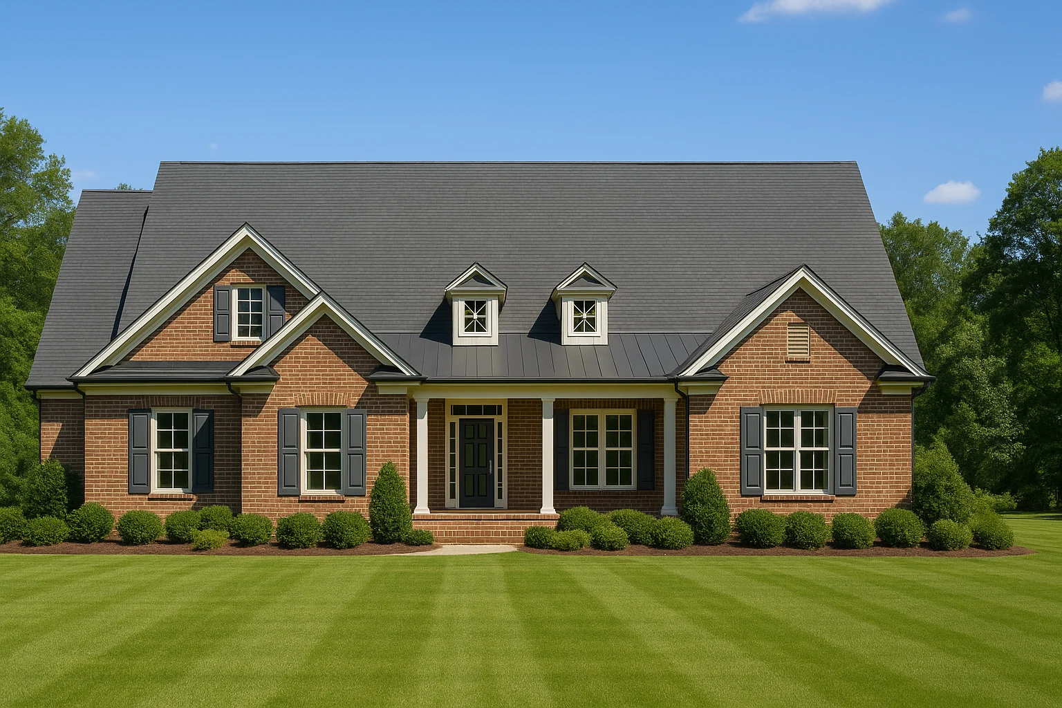 Front view of a Traditional Colonial home with red brick exterior, symmetrical design, dormer windows, and black shutters on manicured lawn