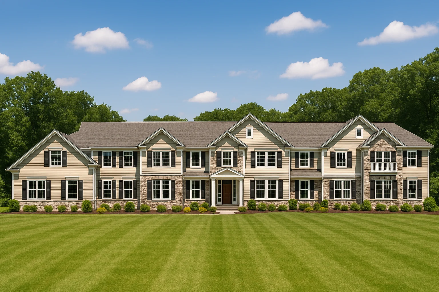 Front elevation of a Neo-Colonial townhome building featuring symmetrical design, brick accents, horizontal siding, multi-unit layout, and traditional windows