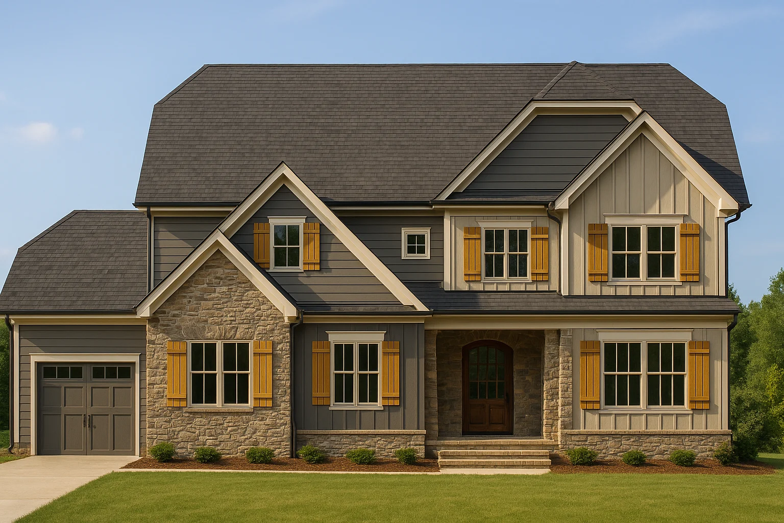 Front elevation of a Traditional Craftsman Farmhouse featuring board and batten, stone, and lap siding with warm yellow shutters and inviting entryway.