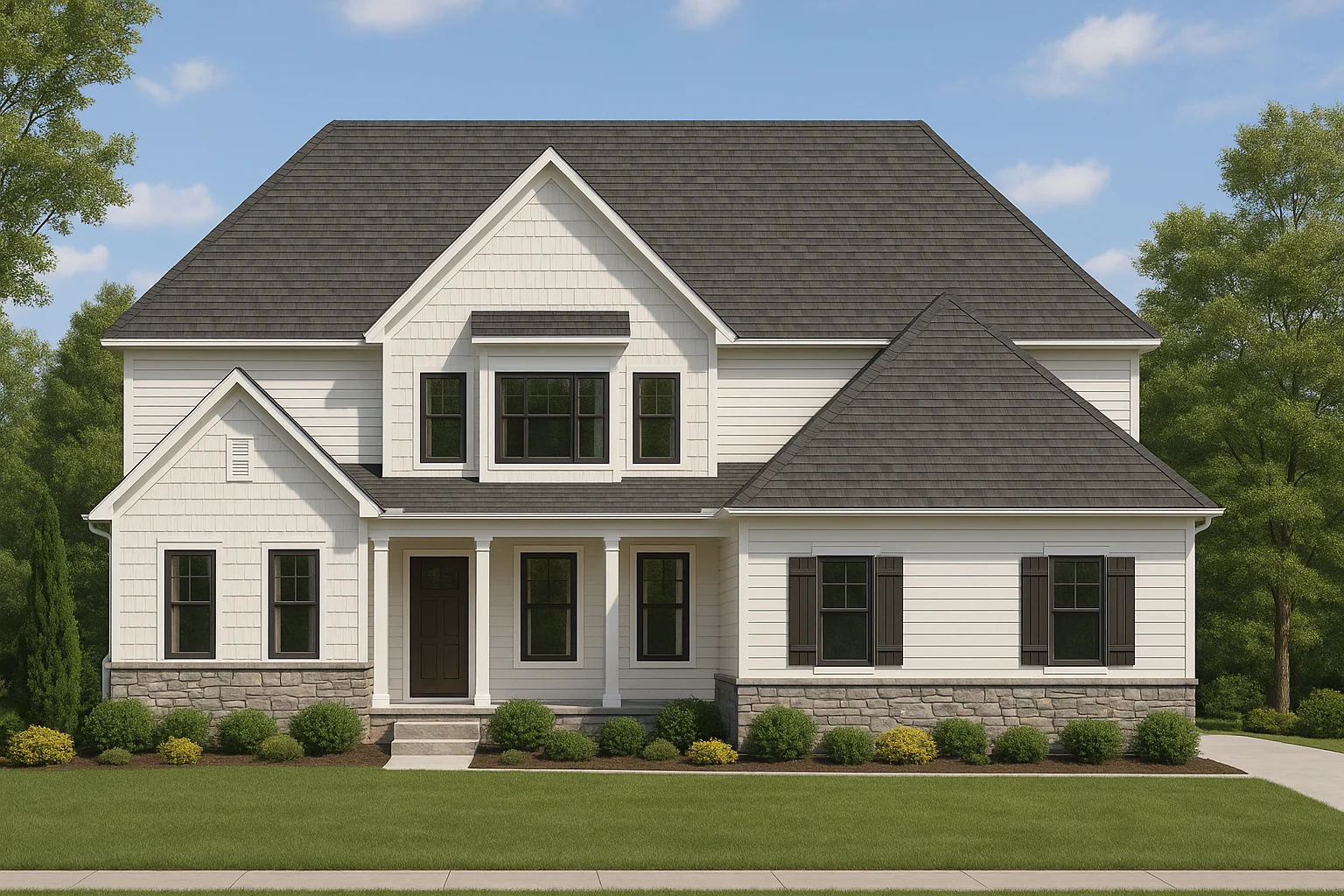 House Plans with Spacious Laundry Room 21 Front elevation of a New American style house with horizontal siding, stone accents, symmetrical windows, and a covered front porch