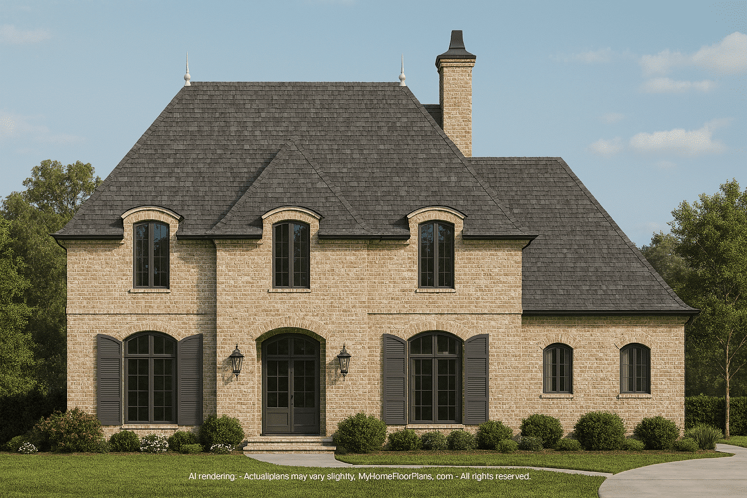 8-1100 HOUSE PLAN - French Provincial Home Plan - 4-Bed, 3-Bath, 3,200 SF 2 3-Story House Plan with Basement, Balcony & Open Floor Layout