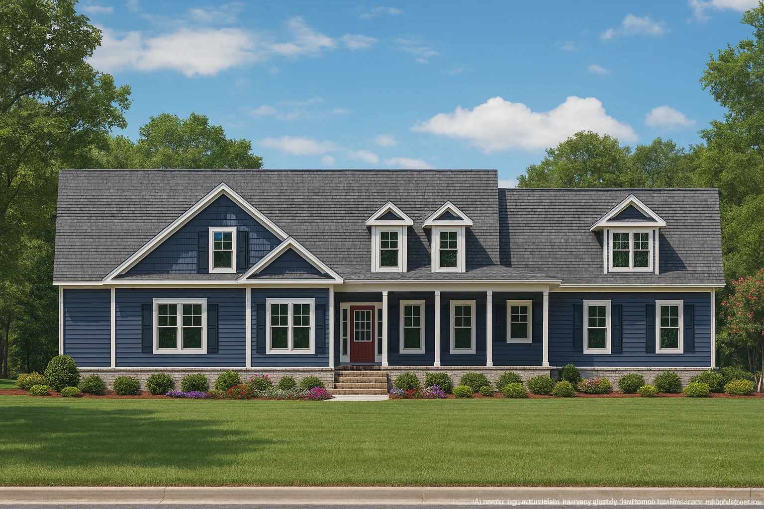Front elevation of a New American Traditional style home with blue horizontal siding, shingle gables, white trim, and a welcoming covered front porch
