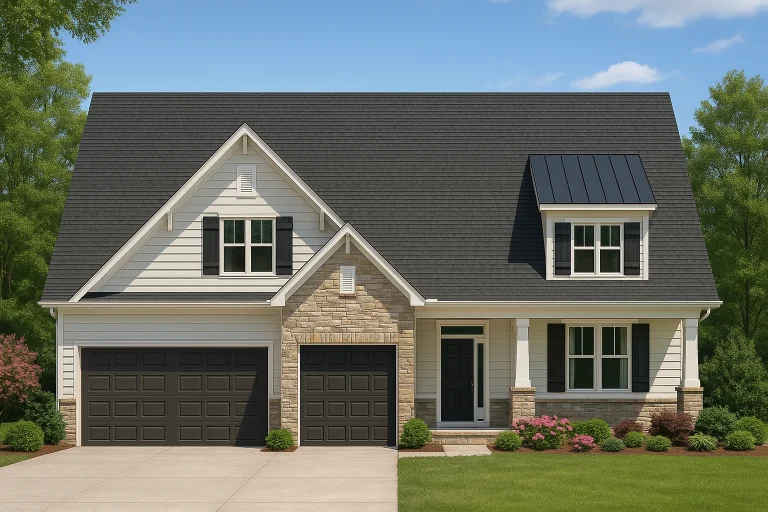 Front elevation of modern farmhouse style home with board and batten siding, stone accents, gable rooflines, and attached garage