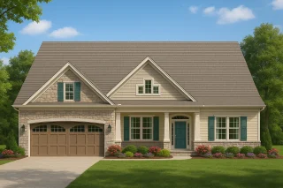House Plans with Screened-In Porch 3 Front view of a Traditional Ranch style home featuring stone and horizontal siding, gabled rooflines, and teal shutters for charming curb appeal