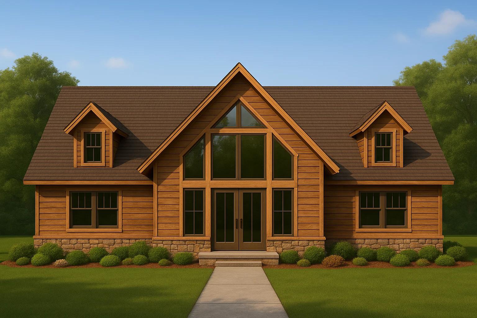 Front elevation of a Craftsman cabin-style house featuring natural wood siding, stone foundation, and large gabled windows
