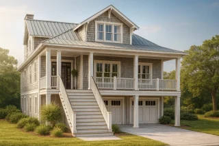 Front view of a coastal shingle style beach house with elevated foundation, wide porch, and shingle siding exterior