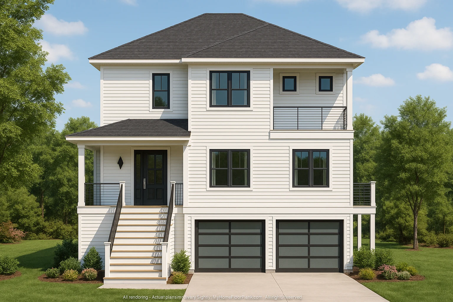 Mid-Size House Plans 13 Front view of a modern coastal home featuring elevated foundation, horizontal siding, clean lines, and large contemporary windows