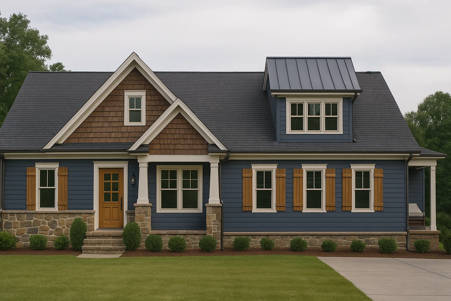 Front elevation of a New American Craftsman style home featuring horizontal lap siding, stone accents, gabled rooflines, and a welcoming covered entry