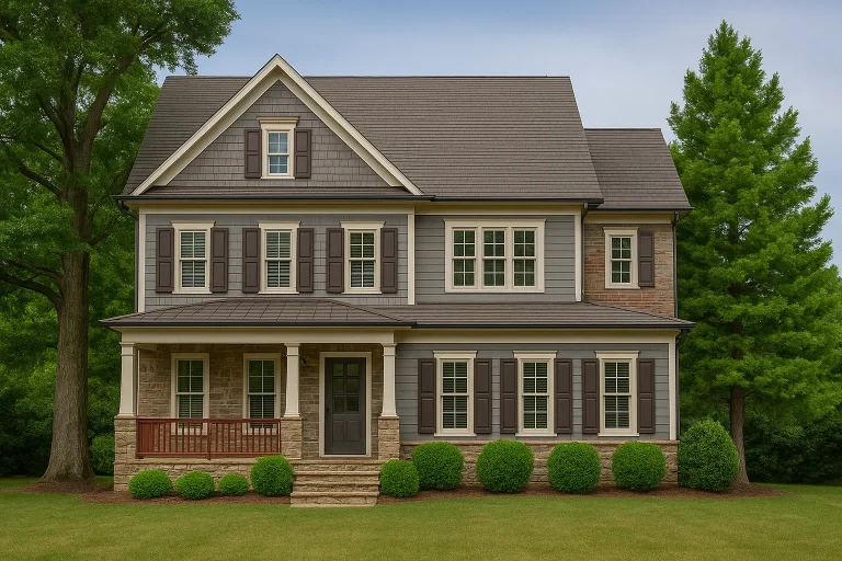 Front elevation of a New American style home with horizontal siding, stone accents, symmetrical windows, and a covered porch