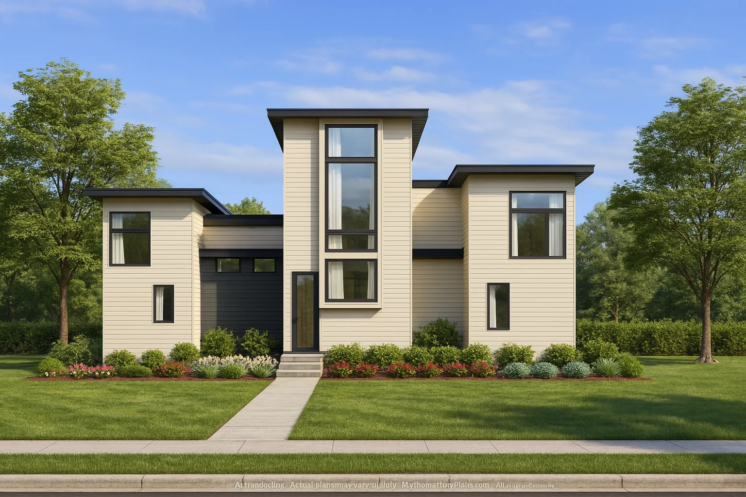 Front elevation of a contemporary urban modern home with horizontal lap siding, flat rooflines, and large vertical windows
