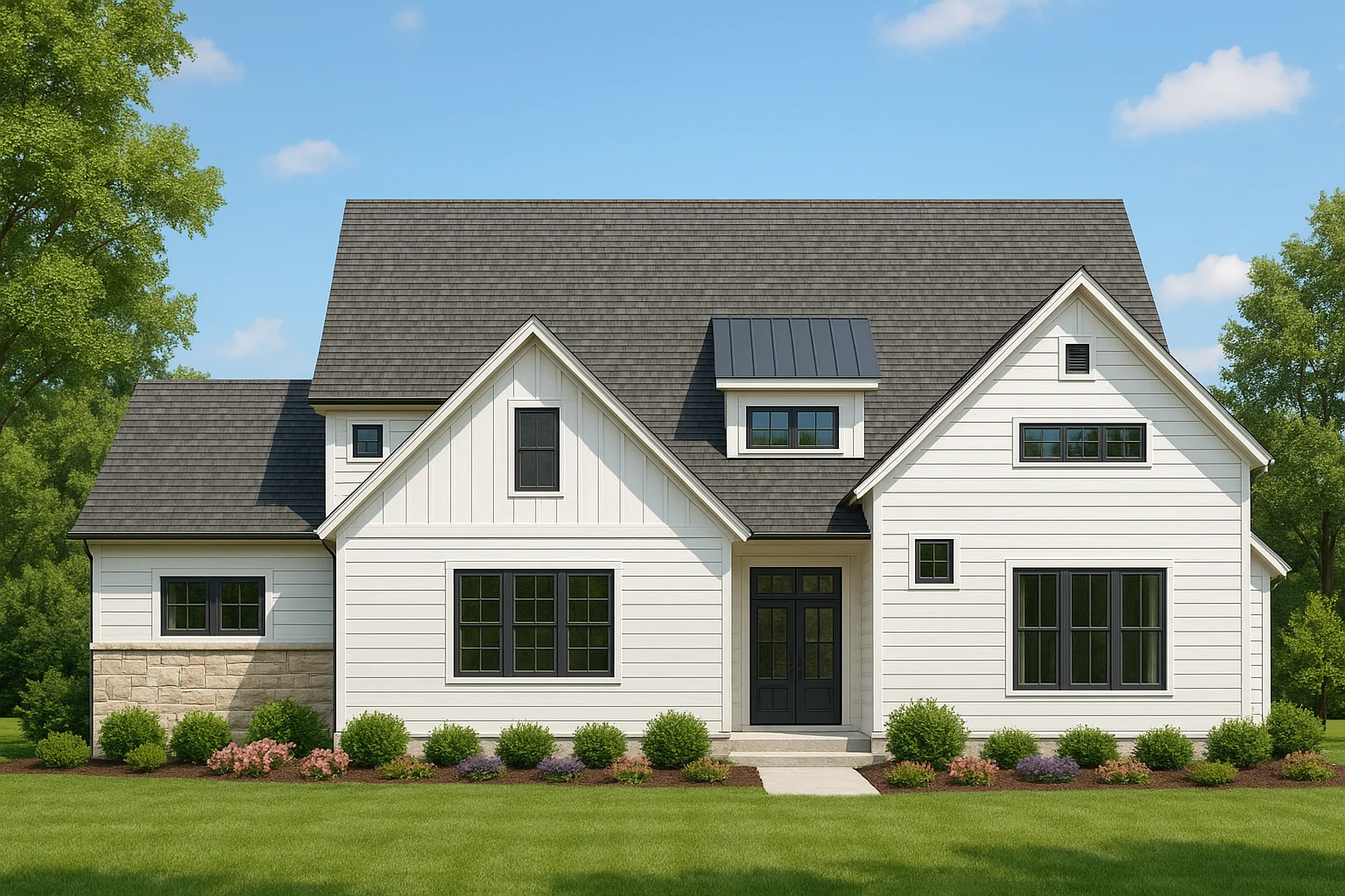Modern Farmhouse House Plans 23 Front elevation of a Modern Farmhouse style home featuring board and batten siding, horizontal lap siding, stone accents, black windows, and a steep gable roof