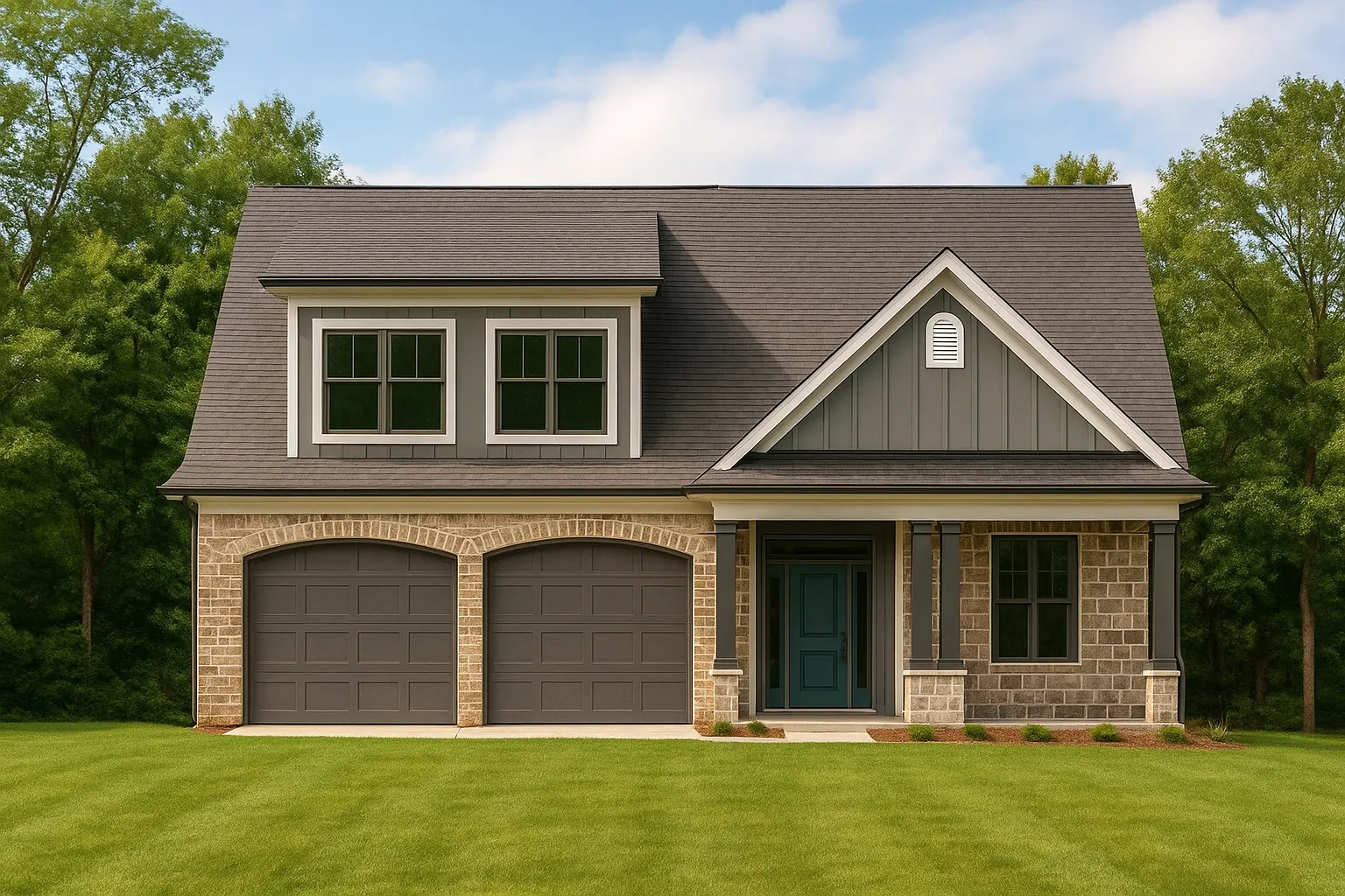 Front elevation of a Modern Farmhouse style home featuring board and batten with horizontal lap siding, dark roof, and double garage