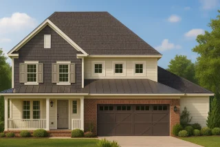Front view of a Modern Farmhouse with a blend of board and batten siding, brick accents, and a covered porch with metal roofing