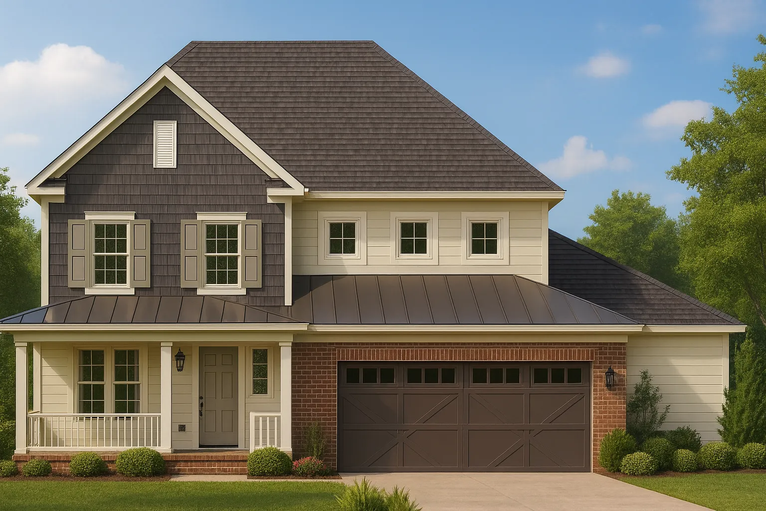 Front view of a Modern Farmhouse with a blend of board and batten siding, brick accents, and a covered porch with metal roofing