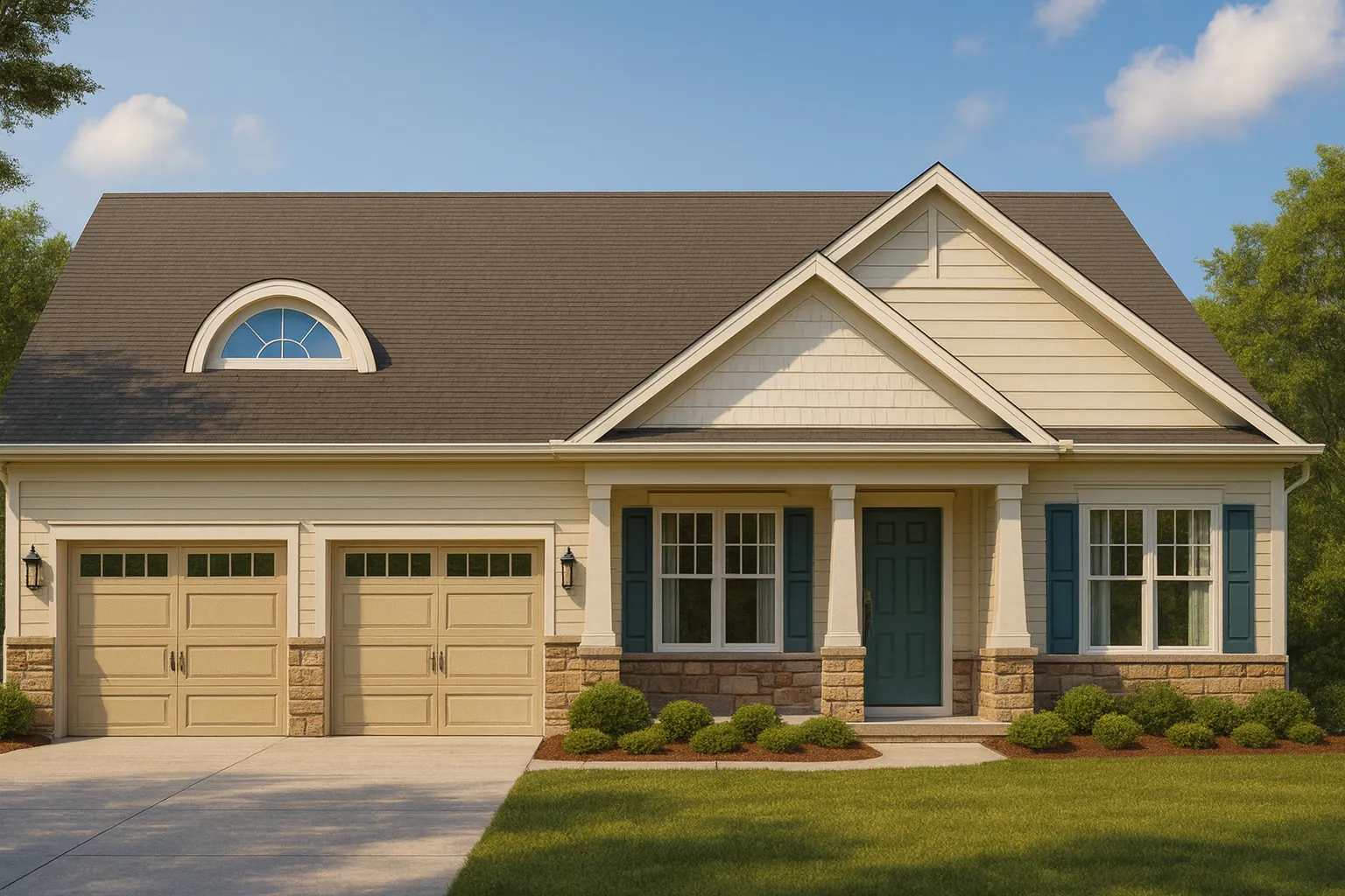 Front view of a Traditional Ranch style home featuring Craftsman accents, horizontal lap siding, and stone wainscoting beneath a gabled roofline