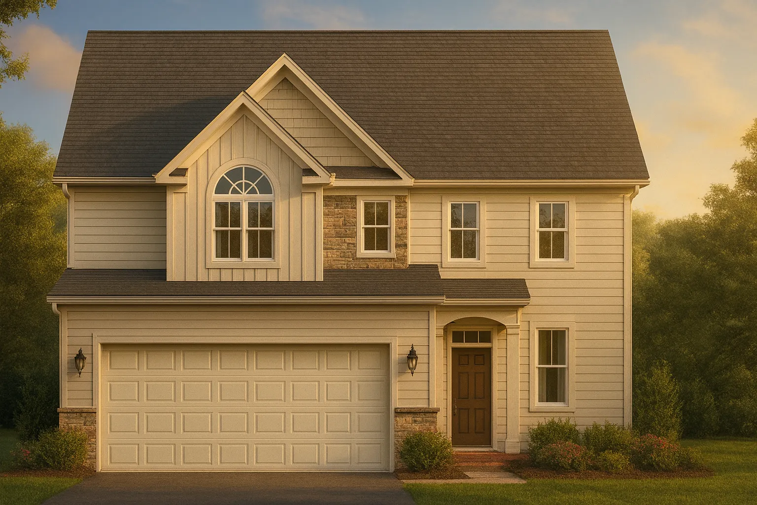 Front elevation of a Traditional Colonial style home featuring siding and stone accents, two stories, and a welcoming entry with gabled dormer above the garage