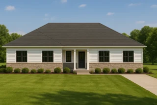 Front elevation of a Traditional Ranch home featuring brick wainscoting, white horizontal siding, and a low-hipped roof with symmetrical windows