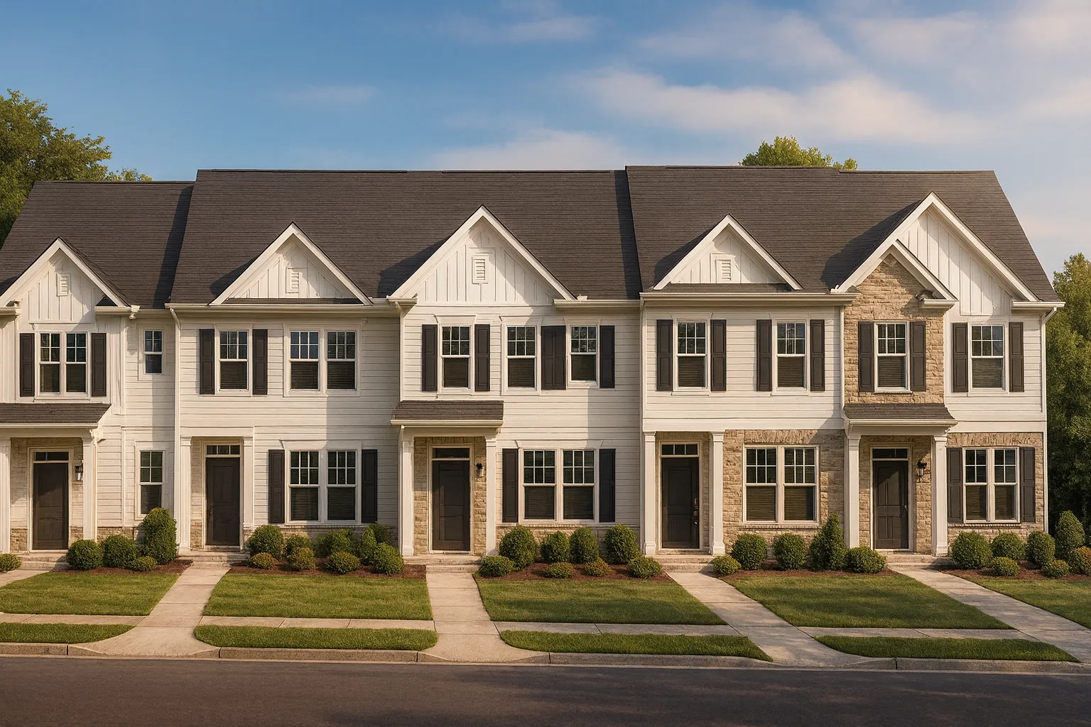 Front elevation of a Transitional Townhouse featuring Traditional Colonial architecture, board and batten siding, stone accents, and symmetrical multi-unit design