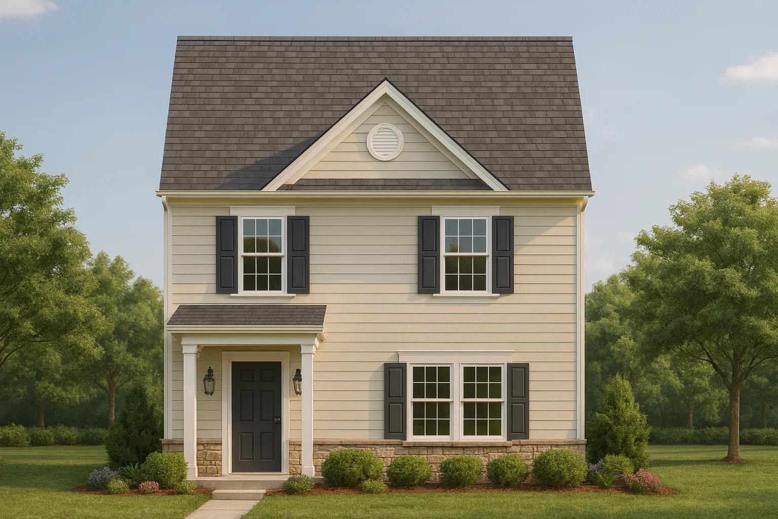 Front elevation of a Colonial Revival style home featuring light siding, black shutters, and a stone-accented foundation beneath a steep gable roof.