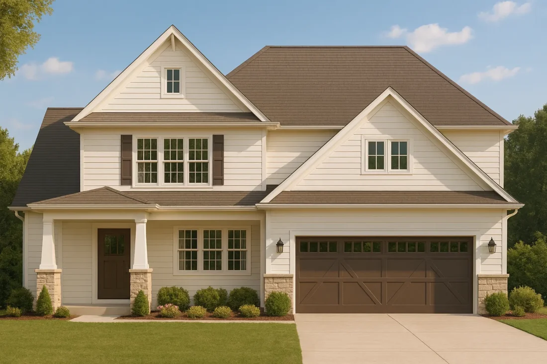 Front view of a Modern Farmhouse style home featuring horizontal siding, stone accents, and board-and-batten gable details for timeless curb appeal