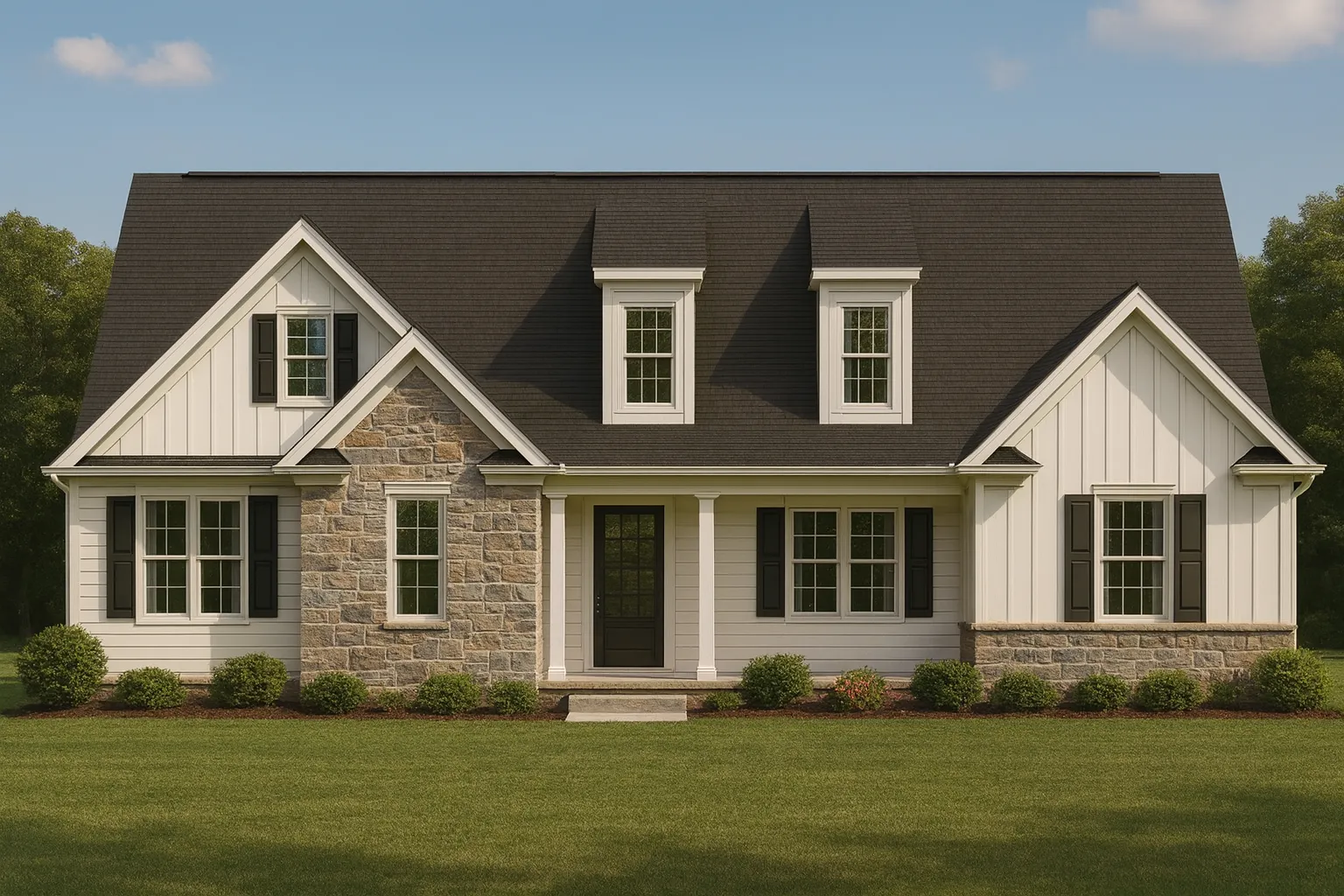 Front elevation of a Modern Farmhouse with board-and-batten and horizontal lap siding, stone accents, dormer windows, black shutters, and a covered porch