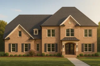 Front view of Georgian and Traditional Colonial style home with full brick exterior, dark shutters, arched entry, and steep gable roof