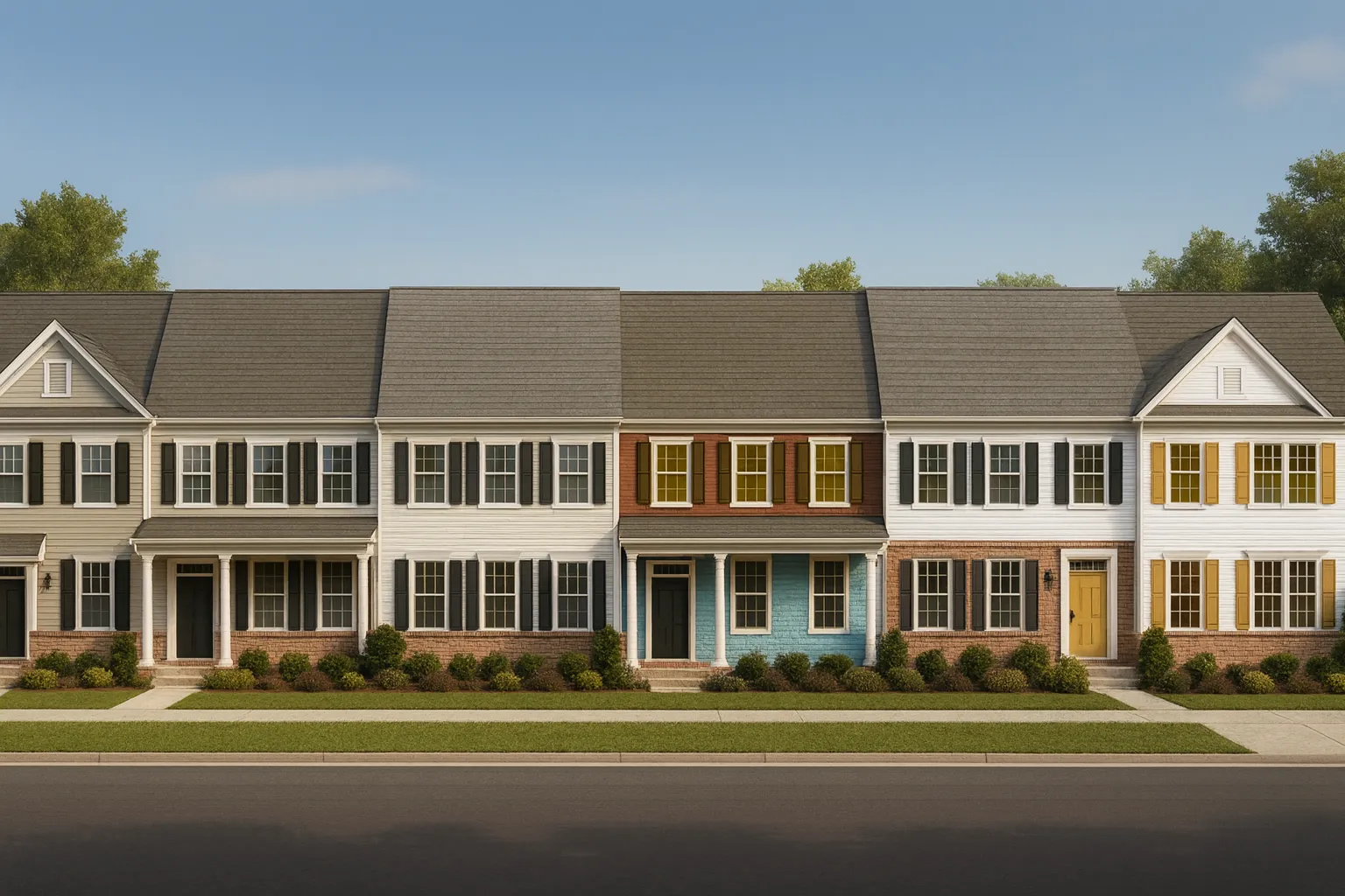 Front elevation of a Traditional Colonial rowhouse townhome featuring brick veneer accents, horizontal lap siding, shuttered windows, and covered porch entries