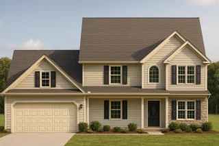 Front elevation of a Traditional Colonial two-story home featuring horizontal siding, stone accents, black shutters, and a welcoming covered porch entry