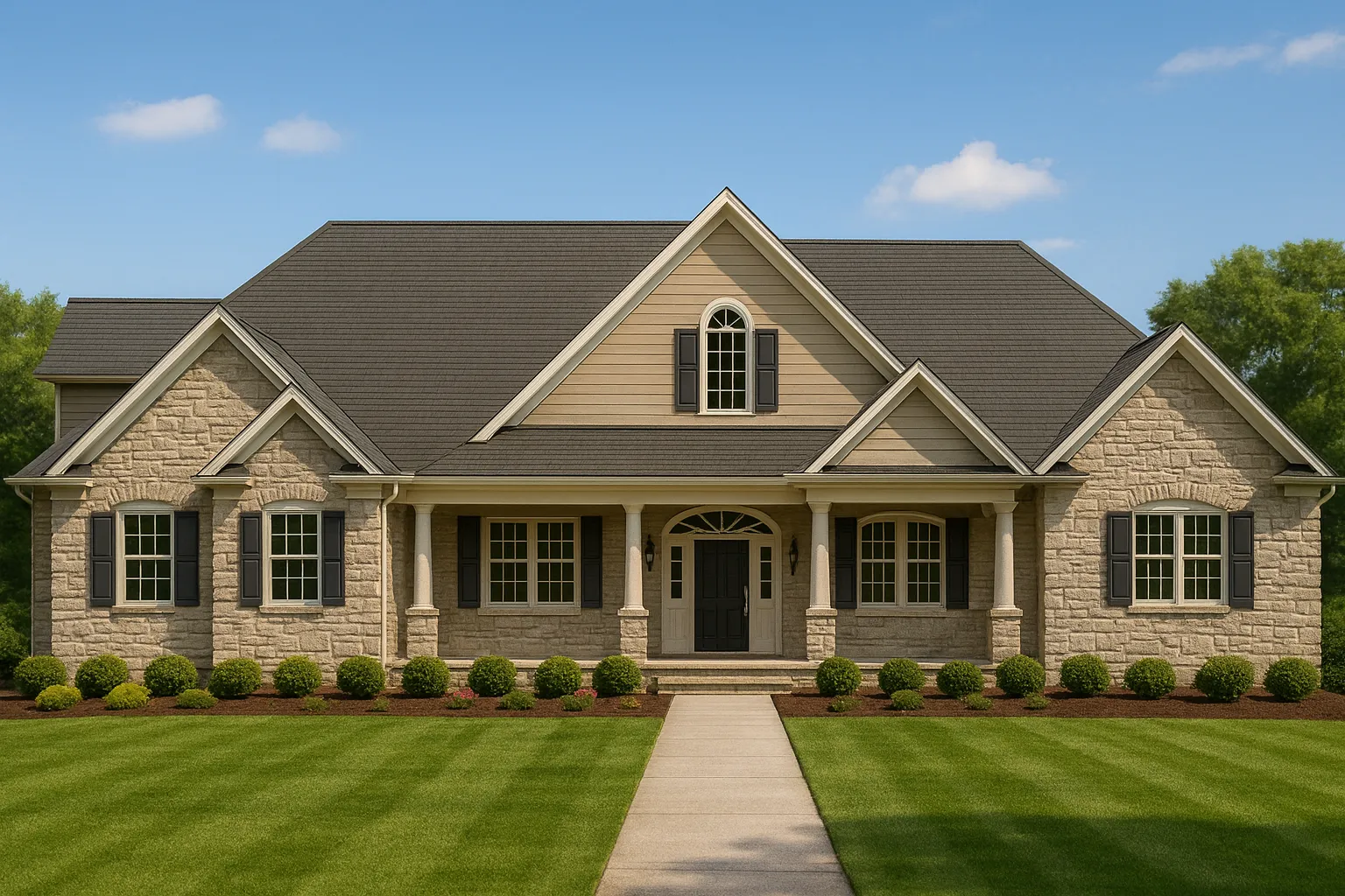 Front view of a Traditional Ranch style home featuring a combination of stone and horizontal siding, black shutters, and a welcoming front porch with columns