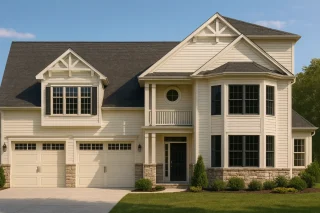 Front elevation of a Traditional Colonial style home with stone base, cream horizontal siding, and black-trimmed windows under steep gables
