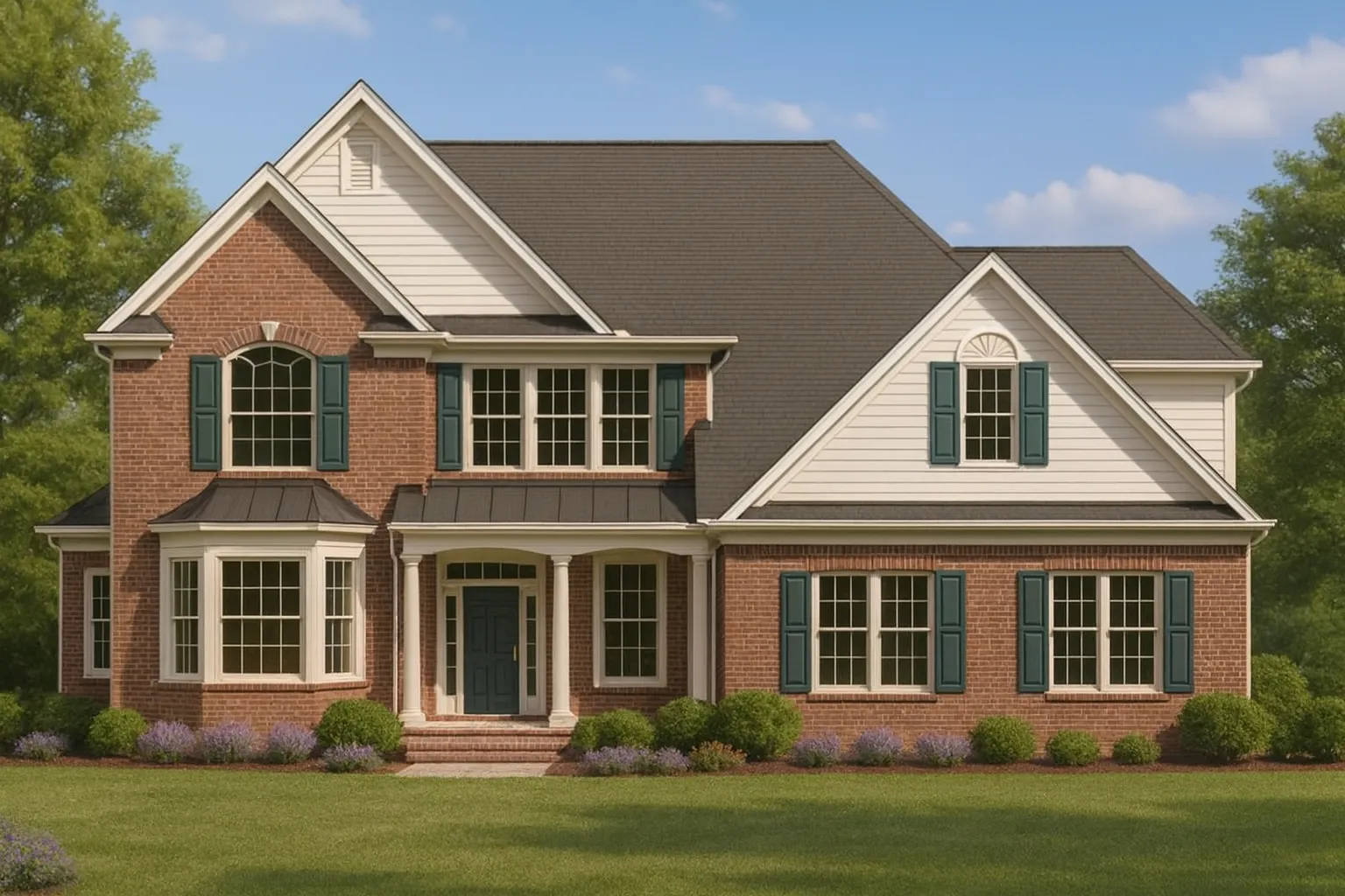 Front elevation of a two-story Traditional Colonial style home with Georgian influence, featuring red brick exterior, white trim, and dark green shutters.