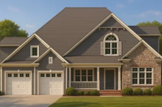 Front elevation of a Traditional Transitional style house featuring gray siding, stone accents, and a welcoming front porch with double garage.