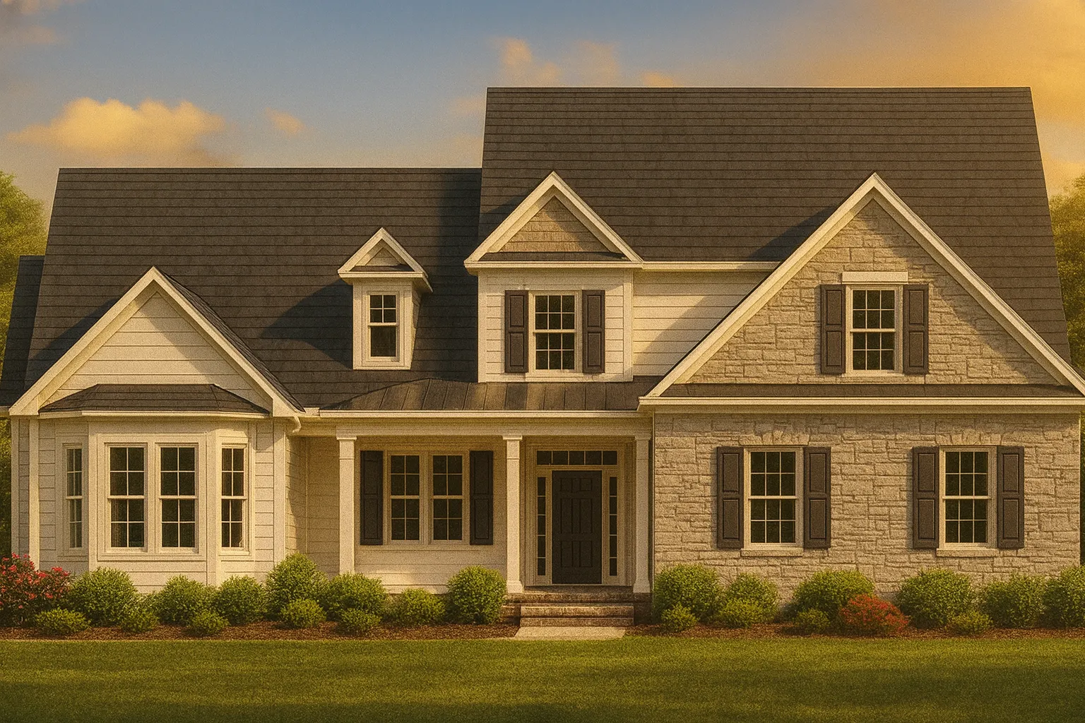 Front elevation of a Traditional Transitional style house featuring gray siding, stone accents, and a welcoming front porch with double garage.