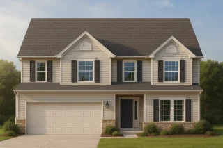 Front view of a Traditional Colonial style home featuring horizontal lap siding, black shutters, and a partial stone base for classic curb appeal