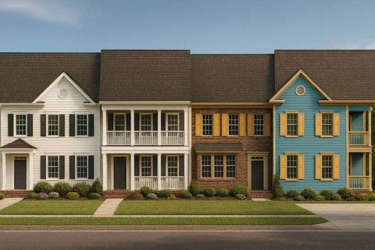 Front view of a Colonial Revival and Neo-Colonial style townhome showcasing a balanced brick and siding exterior with double porches and classic shutters.