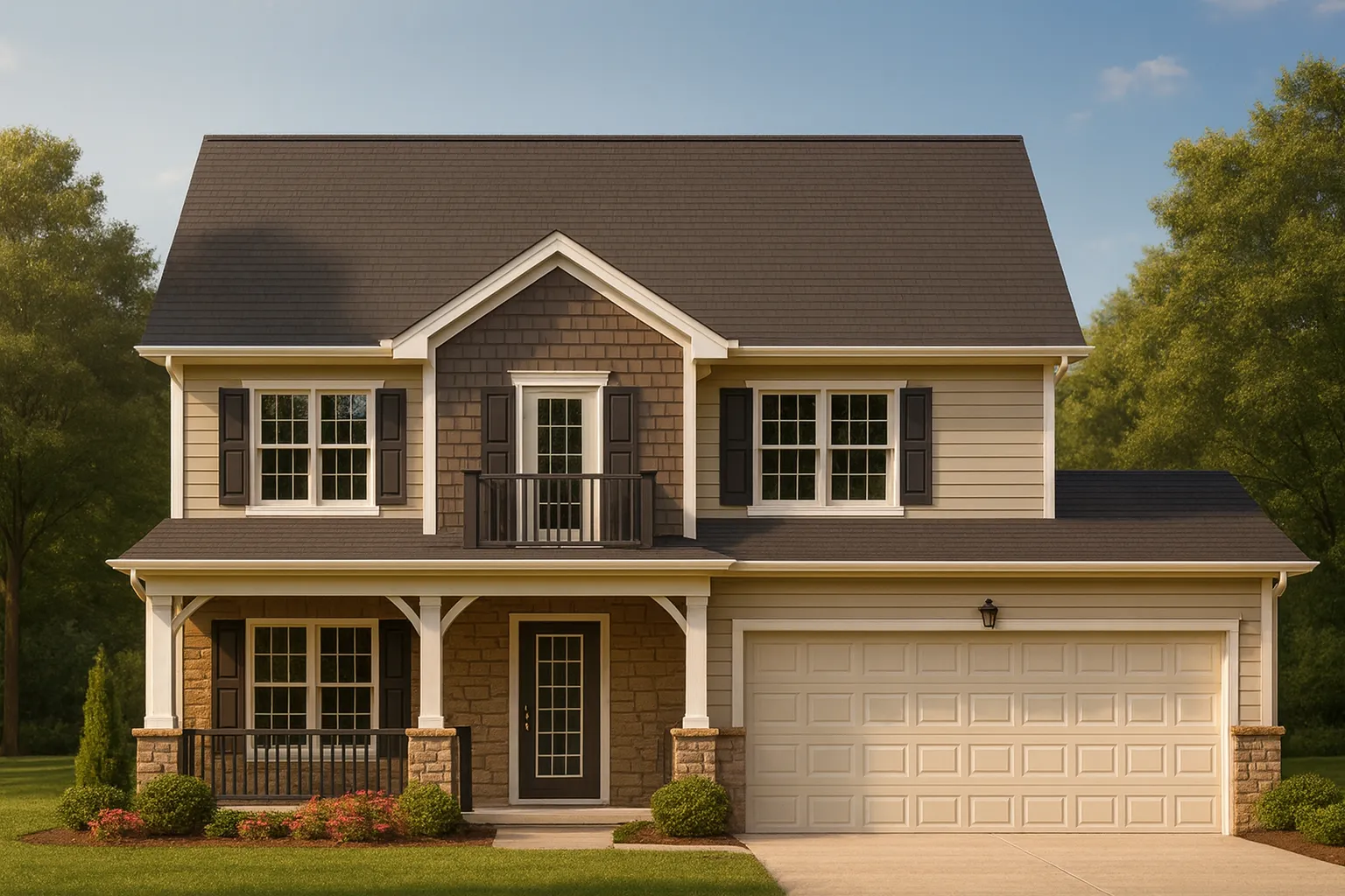Front view of a Traditional Colonial style two-story home featuring a mix of lap siding, shake siding in the gable, and stone veneer base with black shutters and covered porch.