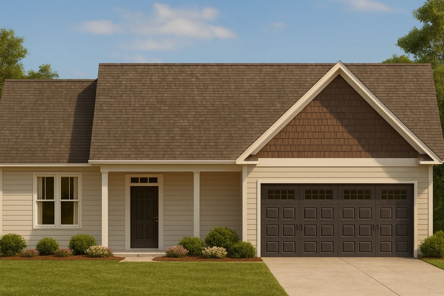 Front elevation of a Transitional Ranch style home featuring horizontal siding, shingle gable accent, and a welcoming entry with attached two-car garage.