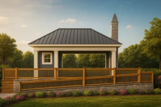Front view of transitional pool house featuring horizontal siding, stone base, open pavilion layout, and a standing seam metal roof surrounded by a landscaped yard.