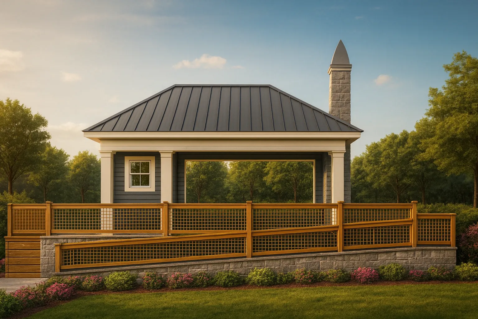 Front view of transitional pool house featuring horizontal siding, stone base, open pavilion layout, and a standing seam metal roof surrounded by a landscaped yard.
