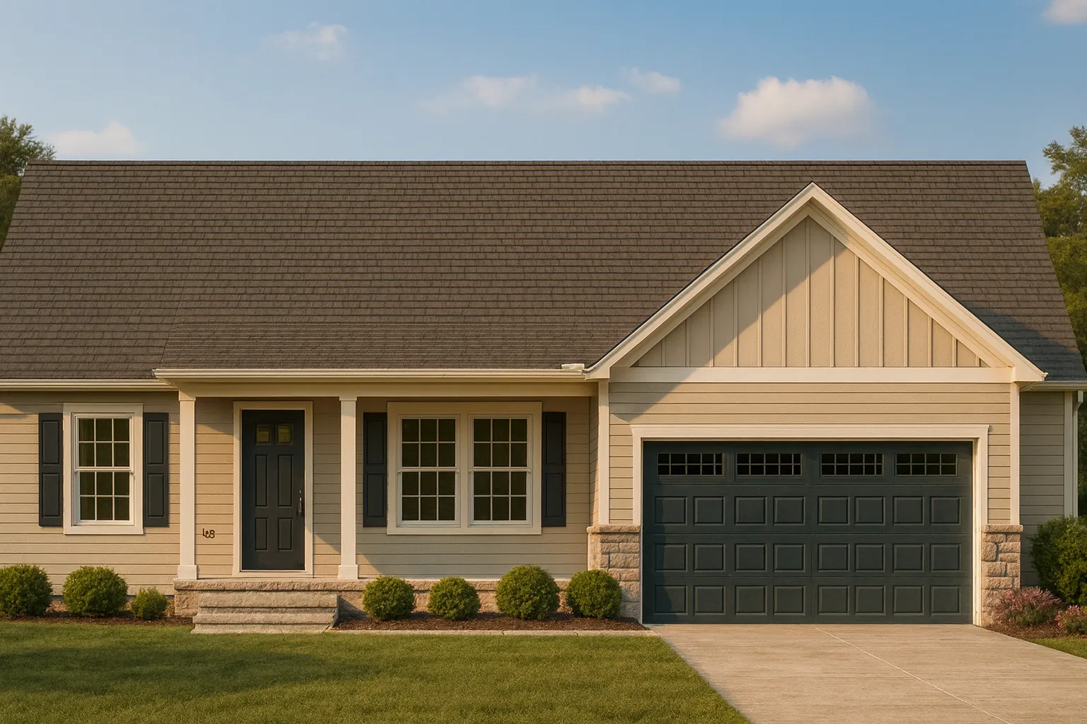 Front view of a Traditional Ranch style house featuring horizontal lap siding, board and batten gable accents, and a welcoming covered porch with attached two-car garage