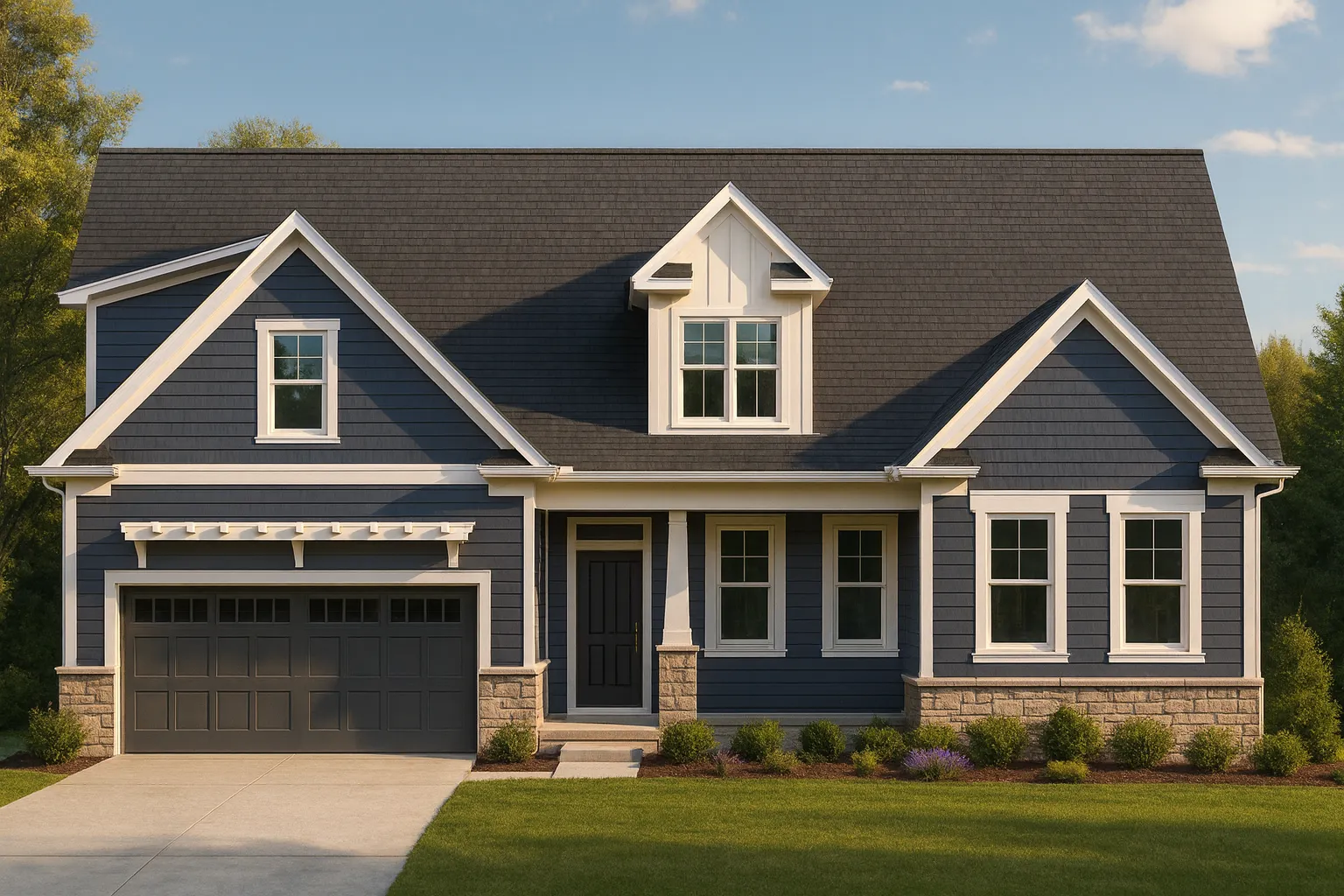 Front view of a Modern Farmhouse with dark blue siding, white trim, board and batten accents, and a stone base foundation beneath a steep gable roof