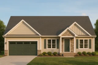 Front elevation of a Traditional Ranch Craftsman style home featuring stone accents, horizontal siding, and green shutters with a welcoming covered porch.