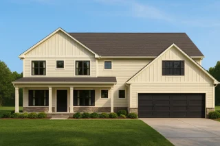 Front view of a Modern Farmhouse style home featuring board and batten siding, stone accents, dark window trim, and a welcoming covered porch