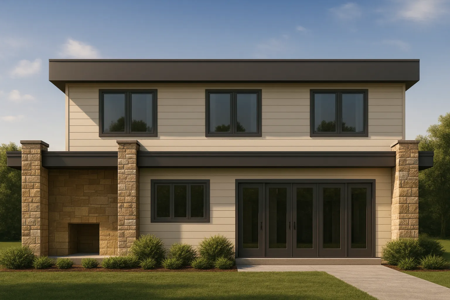Front elevation of a modern contemporary two-story house featuring horizontal siding and stone columns for stylish curb appeal