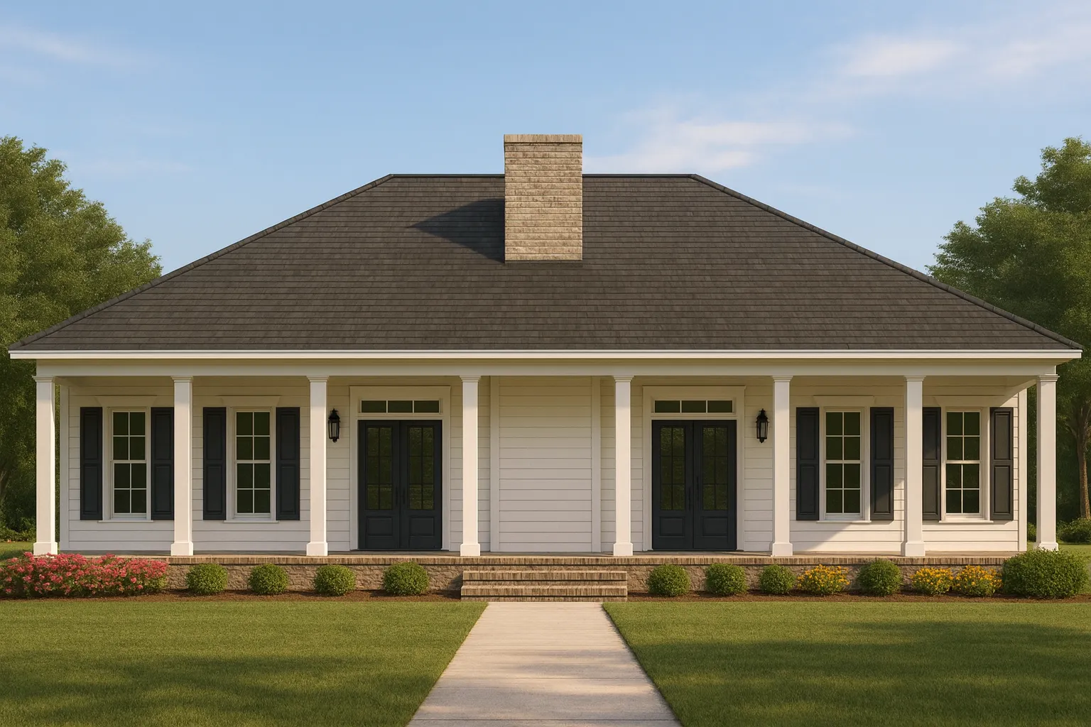 Front elevation of a Classical Southern Farmhouse with lap siding, wide porch, brick chimney, and traditional symmetrical façade