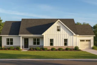 Front view of Modern Farmhouse Ranch style home featuring white board and batten siding, brick wainscoting, and an attached single-car garage