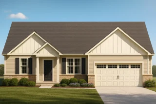 Front view of a Traditional Ranch and Modern Farmhouse home with board and batten siding, brick accents, and front-entry two-car garage
